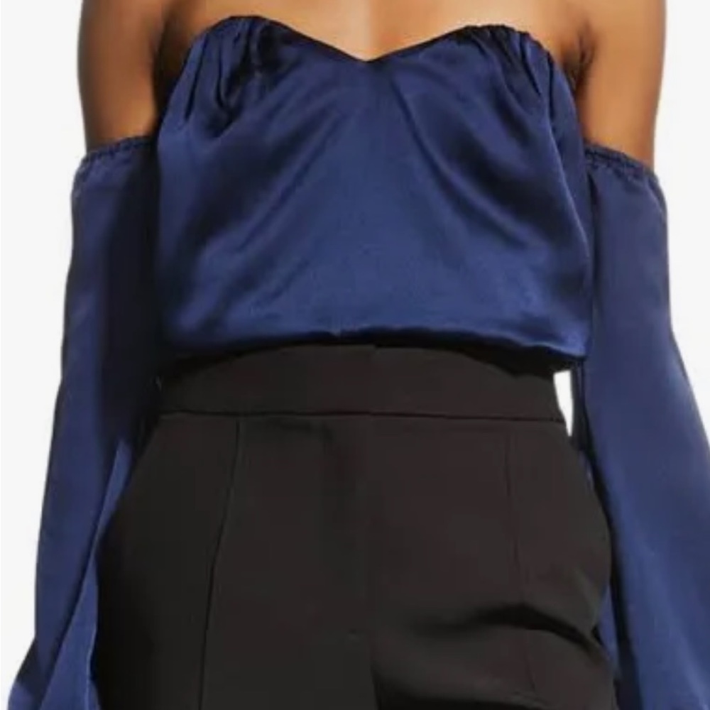 MILLY navy off the shoulder silk top